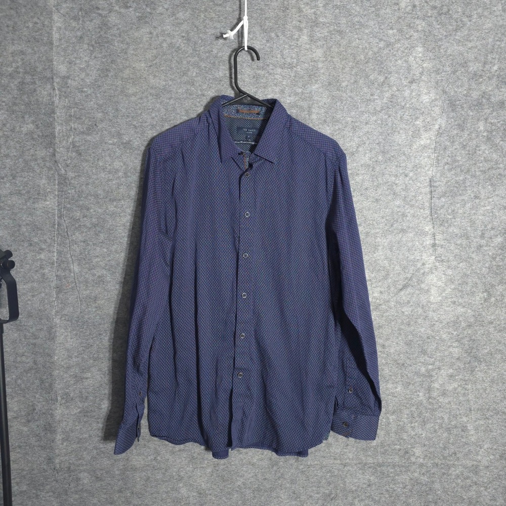 Ted Baker London Shirt Men 5 Blue Geometric Micro Print Cotton Long Sleeve 16016
